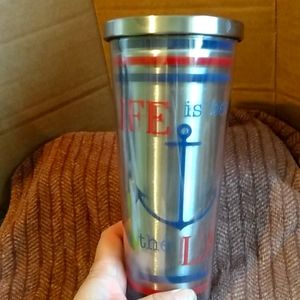 Time is better spent at the lake. Stainless steel cold drink cup with lid .
